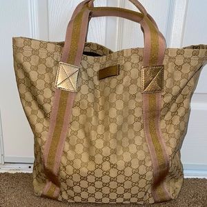 Authentic GG Monogram Medium Web Handle Vertical Tote Light Brown